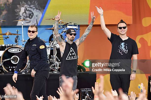 Matt Skiba, Travis Barker, and Mark Hoppus of the band Blink 182 performs on ABC's "Good Morning America" at SummerStage at Rumsey Playfield, Central...