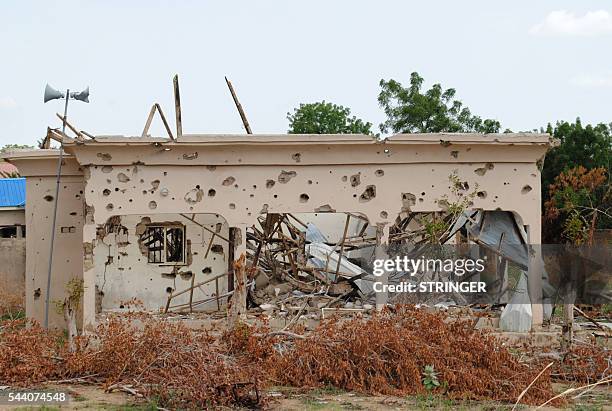 This photo taken on June 30, 2016 shows bullet impacts onto an abandoned building, following attacks by Boko Haram islamist group highters in Bama...