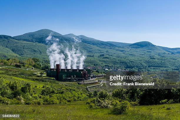 Steam is arising from the Bagnore 3 Geothermal Power Station in the morning.