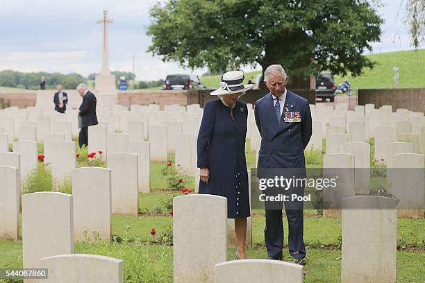 Camilla, Duchess of Cornwall, accompanied by Prince Charles, Prince of Wales, lays a wreath at the grave of her Great Uncle, Captain Harry Cubitt,...