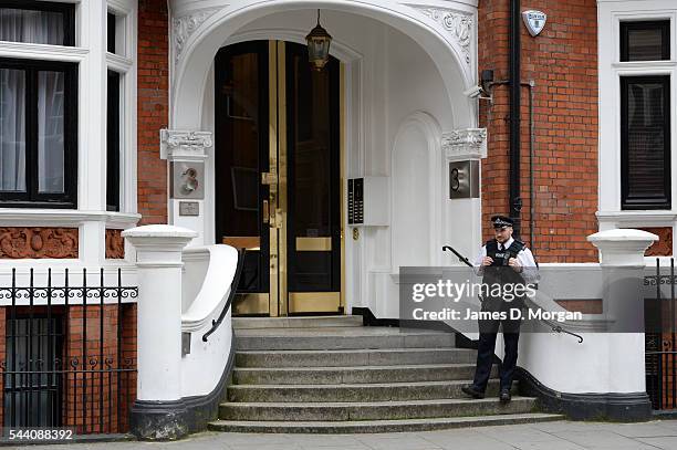 Scenes outside the Ecuadorian embassy in Brompton Road, Knightsbridge on August 19, 2014 in London, England. Media, police and public watch the...