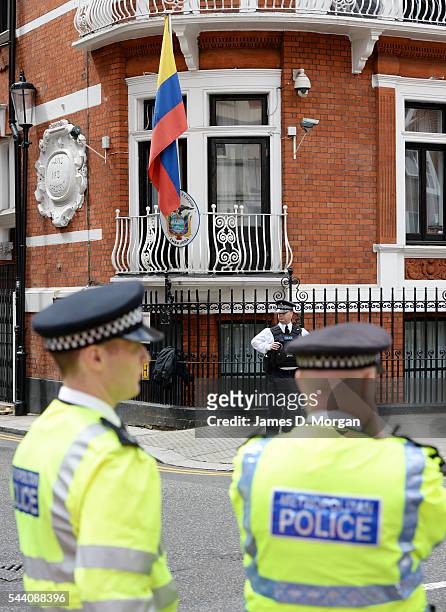 Scenes outside the Ecuadorian embassy in Brompton Road, Knightsbridge on August 19, 2014 in London, England. Media, police and public watch the...