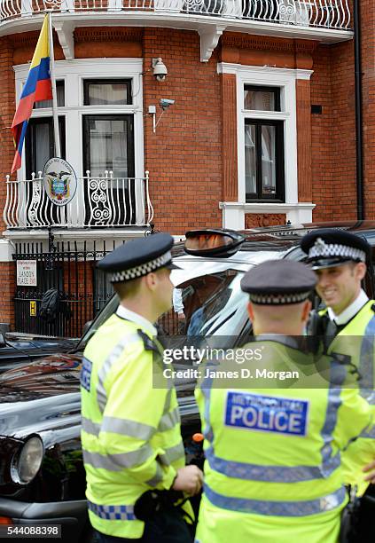 Scenes outside the Ecuadorian embassy in Brompton Road, Knightsbridge on August 19, 2014 in London, England. Media, police and public watch the...