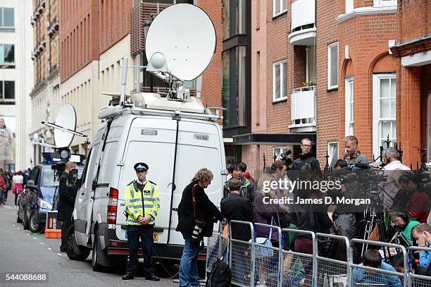Scenes outside the Ecuadorian embassy in Brompton Road, Knightsbridge on August 19, 2014 in London, England. Media, police and public watch the...