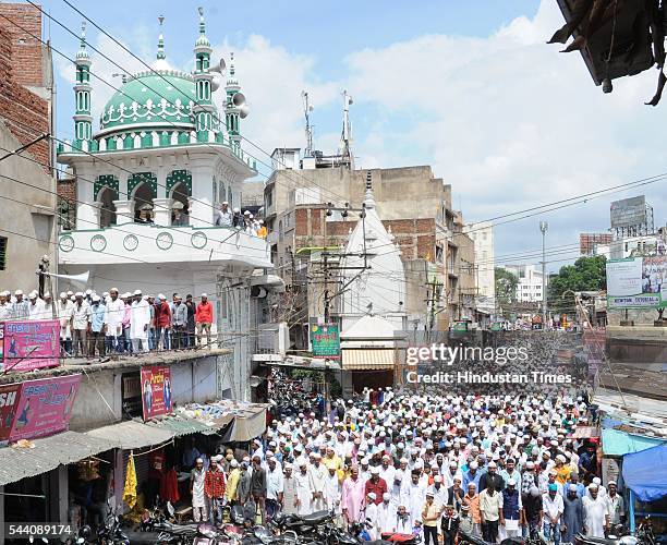 Muslims offering last Friday Namaz of Holy Namzan month at a mosque in Upper Bazar locality on July 1, 2016 in Ranchi, India. Eid-Ul-Fitr will be...