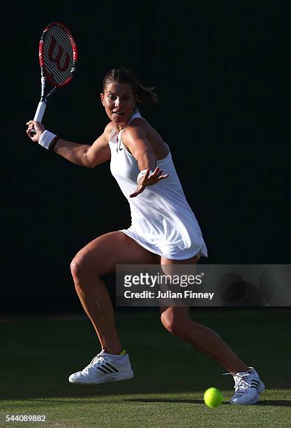 Mandy Minella of Luxembourg plays a forehand during the Ladies Singles second round match against Slone Stephens of The United States on day five of...