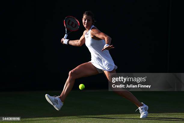 Mandy Minella of Luxembourg plays a forehand during the Ladies Singles second round match against Slone Stephens of The United States on day five of...