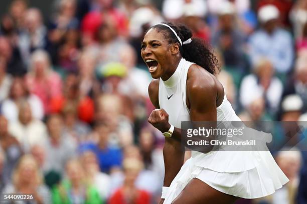 Serena Williams of The United States celebrates victory during the Ladies Singles second round match against Christina McHale of the United States on...