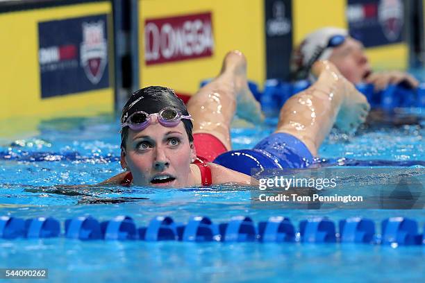 Missy Franklin of the United States reacts after competing in a heat for the Women's 200 Meter Backstroke during Day Six of the 2016 U.S. Olympic...