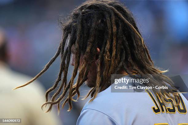 June 14: John Jaso of the Pittsburgh Pirates preparing to bat during the Pittsburgh Pirates Vs New York Mets regular season MLB game at Citi Field on...