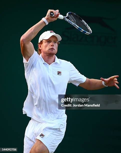 Matthew Barton of Australia plays a forehand during the Men's Singles second round match against John Isner of The United States on day five of the...