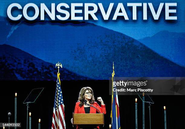 Former Alaska Governor and 2008 Republican Party nominee for Vice President Sarah Palin speaks at the 2016 Western Conservative Summit at the...