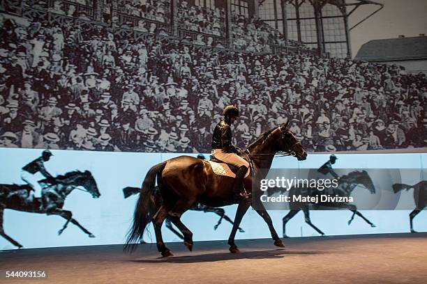 An artist riding horse perform during the opening ceremony of the 51st Karlovy Vary International Film Festival on July 1, 2016 in Karlovy Vary,...