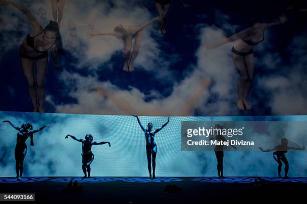 Artists perform during the opening ceremony of the 51st Karlovy Vary International Film Festival on July 1, 2016 in Karlovy Vary, Czech Republic.