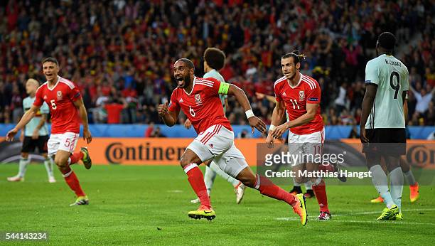 Ashley Williams of Wales celebrates scoring his team's first goal during the UEFA EURO 2016 quarter final match between Wales and Belgium at Stade...