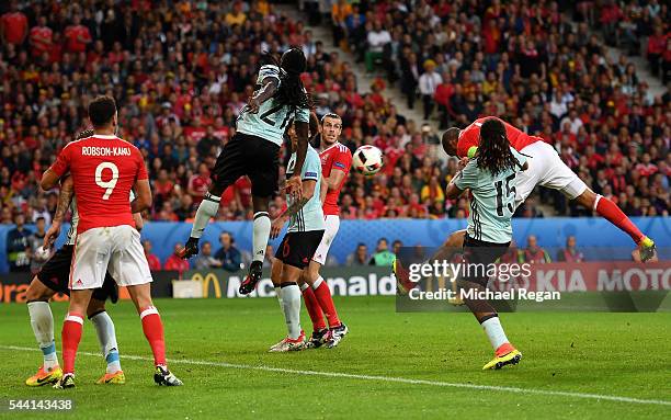 Ashley Williams of Wales heads the ball to score his team's first goal during the UEFA EURO 2016 quarter final match between Wales and Belgium at...