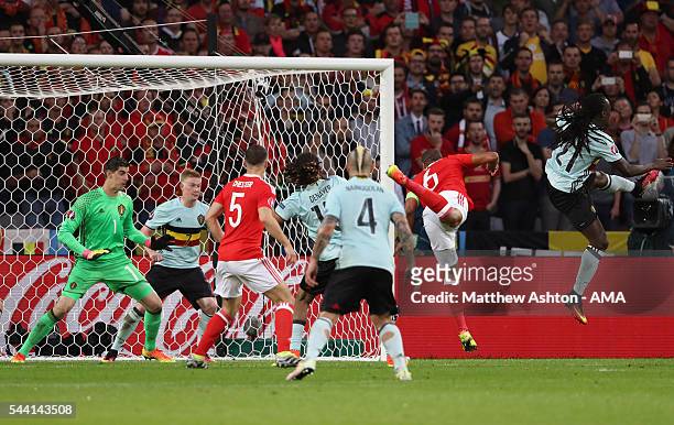 Ashley Williams of Wales scores a goal to make it 1-1 during the UEFA Euro 2016 quarter final match between Wales and Belgium at Stade Pierre-Mauroy...