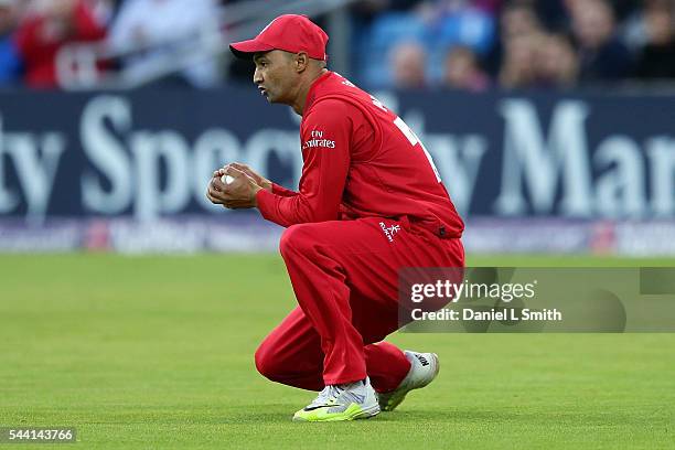 Alviro Petersen of Lancashire Lightning cathces the ball from Gary Ballance of Yorkshire Vikings during the NatWest T20 Blast match between Yorkshire...