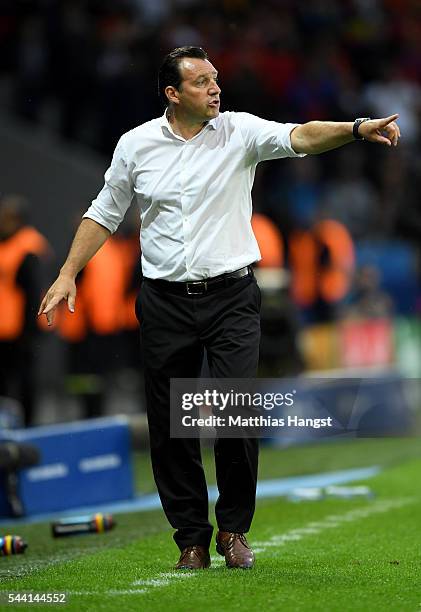 Marc Wilmots manager of Belgium gestures during the UEFA EURO 2016 quarter final match between Wales and Belgium at Stade Pierre-Mauroy on July 1,...