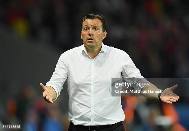 Marc Wilmots manager of Belgium gestures during the UEFA EURO 2016 quarter final match between Wales and Belgium at Stade Pierre-Mauroy on July 1,...