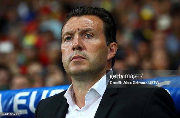 Marc Wilmots manager of Belgium looks on prior the UEFA EURO 2016 quarter final match between Wales and Belgium at Stade Pierre-Mauroy on July 1,...