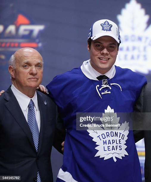 Lou Lamoriello and Auston Matthews of the Toronto Maple Leafs attend round one of the 2016 NHL Draft on June 24, 2016 in Buffalo, New York.