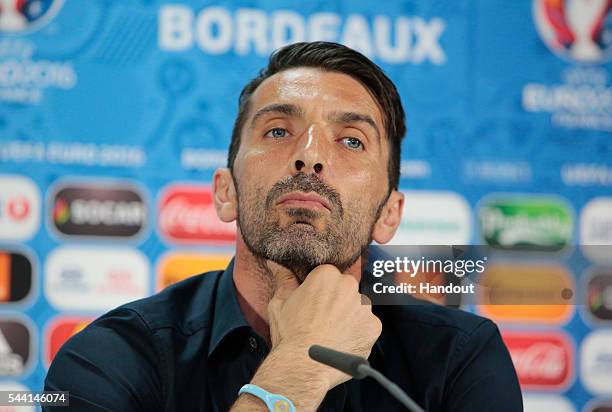 In this handout image provided by UEFA, Gianluigi Buffon speaks to the media during the Italy press conference on July 1, 2016 in Bordeaux, France.