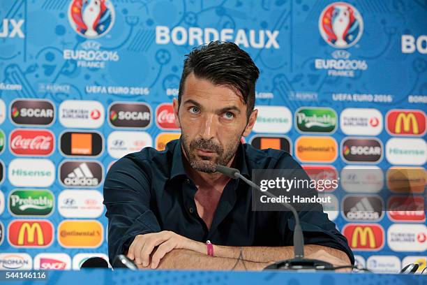 In this handout image provided by UEFA, Gianluigi Buffon speaks to the media during the Italy press conference on July 1, 2016 in Bordeaux, France.