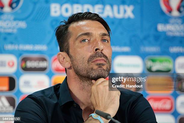 In this handout image provided by UEFA, Gianluigi Buffon speaks to the media during the Italy press conference on July 1, 2016 in Bordeaux, France.