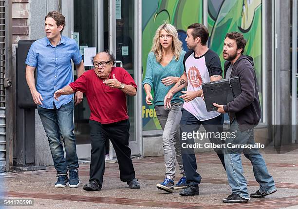 Actors Glenn Howerton, Danny DeVito, Kaitlin Olson, Rob McElhenney and Charlie Day are seen filming scenes of season 12 of "It's Always Sunny In...