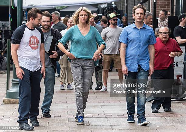 Actors Rob McElhenney, Charlie Day, Kaitlin Olson, Glenn Howerton and Danny DeVito are seen filming scenes of season 12 of "It's Always Sunny In...