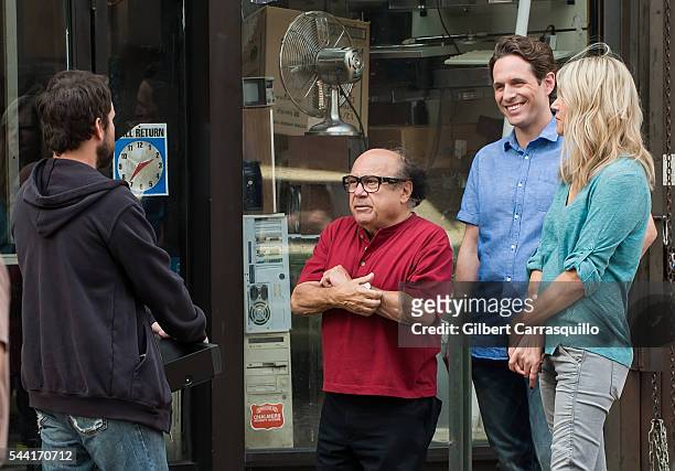 Actors Charlie Day, Danny DeVito, Glenn Howerton and Kaitlin Olson are seen filming scenes of season 12 of "It's Always Sunny In Philadelphia" sitcom...