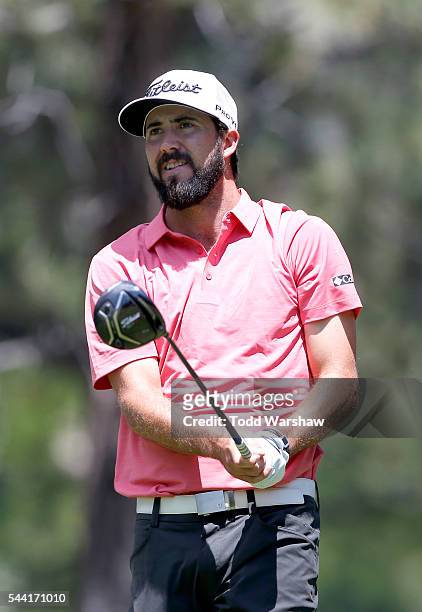 Mark Hubbard plays his shot from the 13th tee during the second round of the Barracuda Championship at the Montreux Golf and Country Club on July 1,...