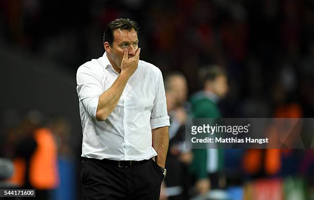 Marc Wilmots manager of Belgium shows his dejection after his team's 1-3 defeat in the UEFA EURO 2016 quarter final match between Wales and Belgium...