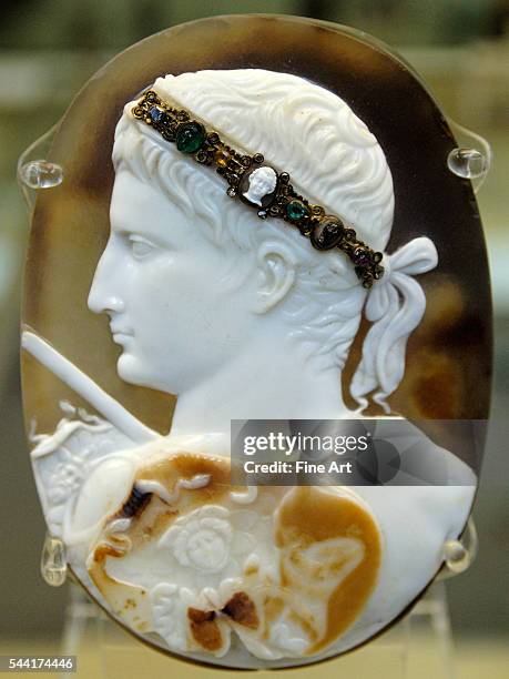 Portrait of Augustus wearing a gorgoneion on a three layered sardonyx cameo. Circa 14-20 A.D., carved sardonyx, 12.8 x 9.3 cm. Located in the British...