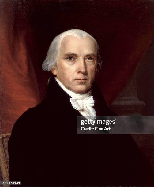 Portrait of James Madison by unknown artist oil on canvas, 26 x 22 3/16 in . Commissioned by James Monroe. Located in the White House, Washington,...