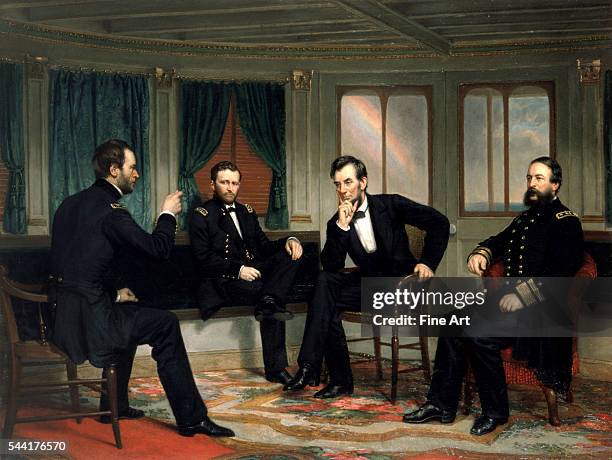 Circa 1868, oil on canvas, 119.7 x 159.1 cm . Located in the White House, Washington, DC, USA. Sherman, Grant, Lincoln, and Porter aboard the River...