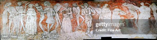 Third scenes of the 15th century fresco cycle "Danse Macabre" of La Chaise-Dieu, France.