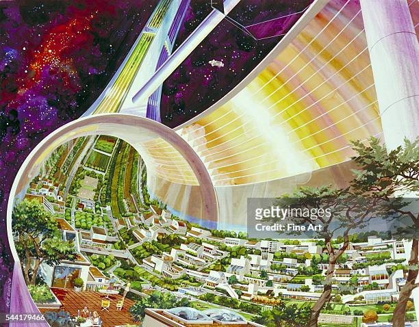 Futuristic rendering of human life off-earth by Rick Guidice, entitled Torus Wheel Settlement Interior, created 1975 for NASA Ames Research Center.