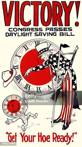 "Get Your Hoe Ready!" Government poster from 1918 showing Uncle Sam turning clock to daylight saving time.