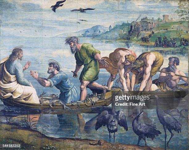 Full-scale painting for "The Miraculous Draught of Fishes" tapestry. Circa 1515-16 by Raphael and assistants. Bodycolor over charcoal underdrawing on...