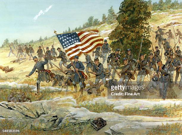 The Twentieth Maine regiment of the Union army charging with their flag in the lead at the Battle of Gettysburg, Pennsylvania July 2, 1863. Oil and...