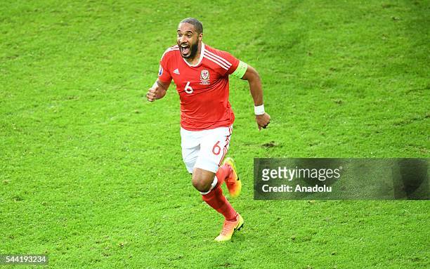 Ashley Williams of Wales celebrates after scoring a goal during the Euro 2016 quarter-final football match between Wales and Belgium at the Stadium...