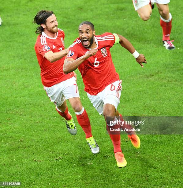 Ashley Williams of Wales celebrates after scoring a goal during the Euro 2016 quarter-final football match between Wales and Belgium at the Stadium...