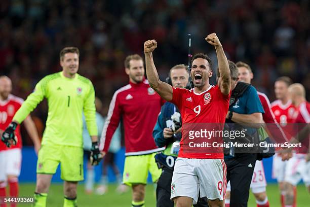 Wales's Hal Robson-Kanu celebrates his side's victory at full time during the UEFA Euro 2016 Quarter-final match between Wales and Belgium at Stade...