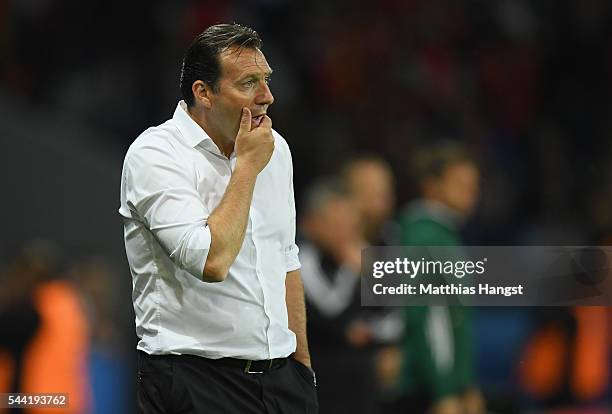 Marc Wilmots manager of Belgium looks thoughtful during the UEFA EURO 2016 quarter final match between Wales and Belgium at Stade Pierre-Mauroy on...