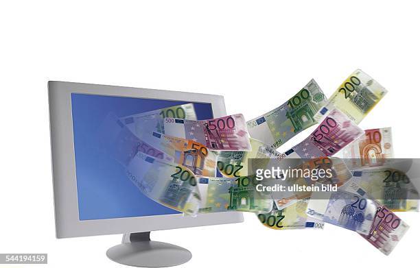 Symbol Online-Banking, Cash-Flow, Online-Shopping: Flachbildschirm aus dem Euro - Geldscheine fliegen
