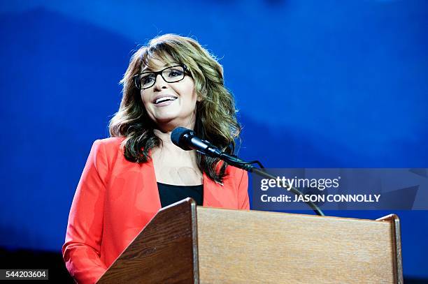 Former Alaska Governor and 2008 Republican party Vice Presidential nominee Sarah Palin addresses the audience at the 2016 Western Conservative Summit...