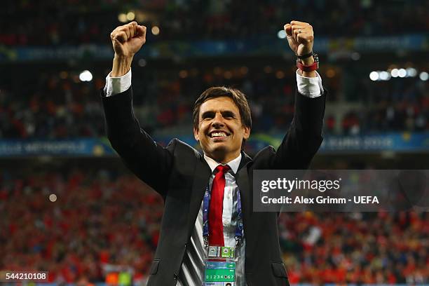 Head coach Chris Coleman of Wales celebrates after the UEFA EURO 2016 quarter final match between Wales and Belgium at Stade Pierre-Mauroy on July 1,...