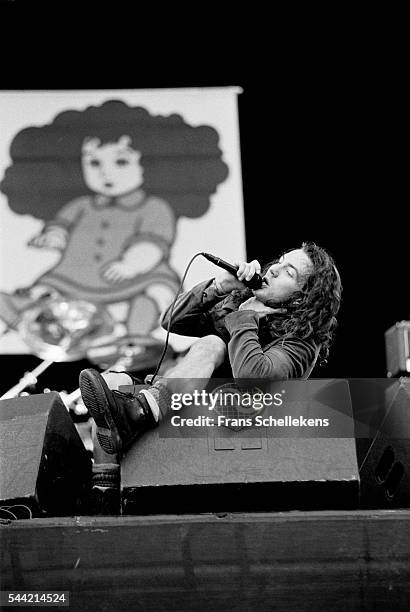 Pearl Jam singer Eddie Vedder performs during Pinkpop festival on June 28th 1992 at Landgraaf, the Netherlands.